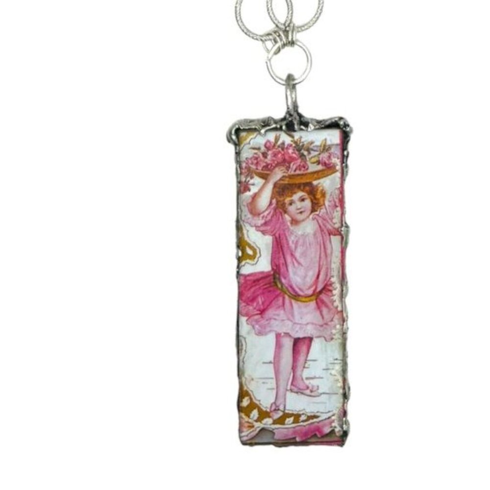 VINTG Valentines Day Card Tiny Canvas Pendant & Handmade W/ Pink Quartz & Pearls - Picture 11 of 17